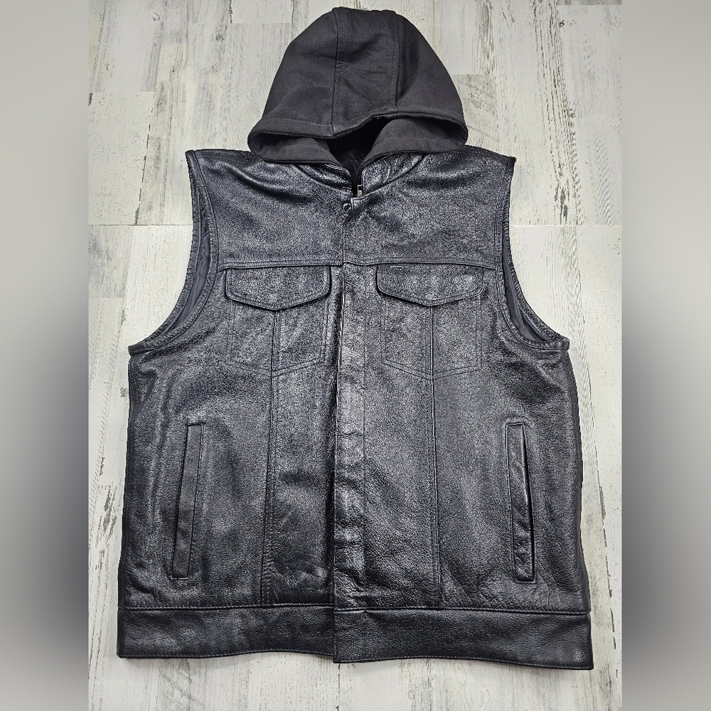 The Bikers Zone Leather Hooded Motorcycle Vest With Gun Pocket Men's Size XL
